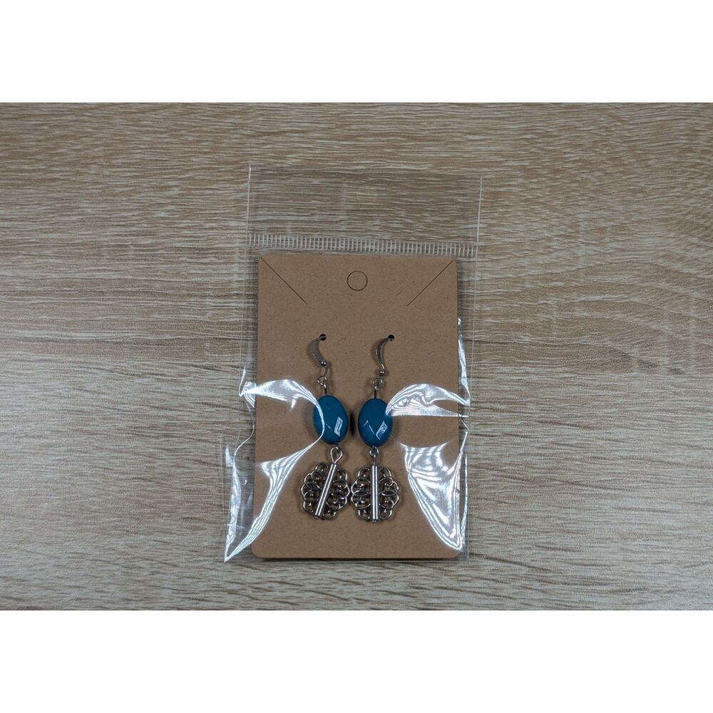 Boho Dangle Earrings – Teal Bead & Silver Filigree Drop – Lightweight